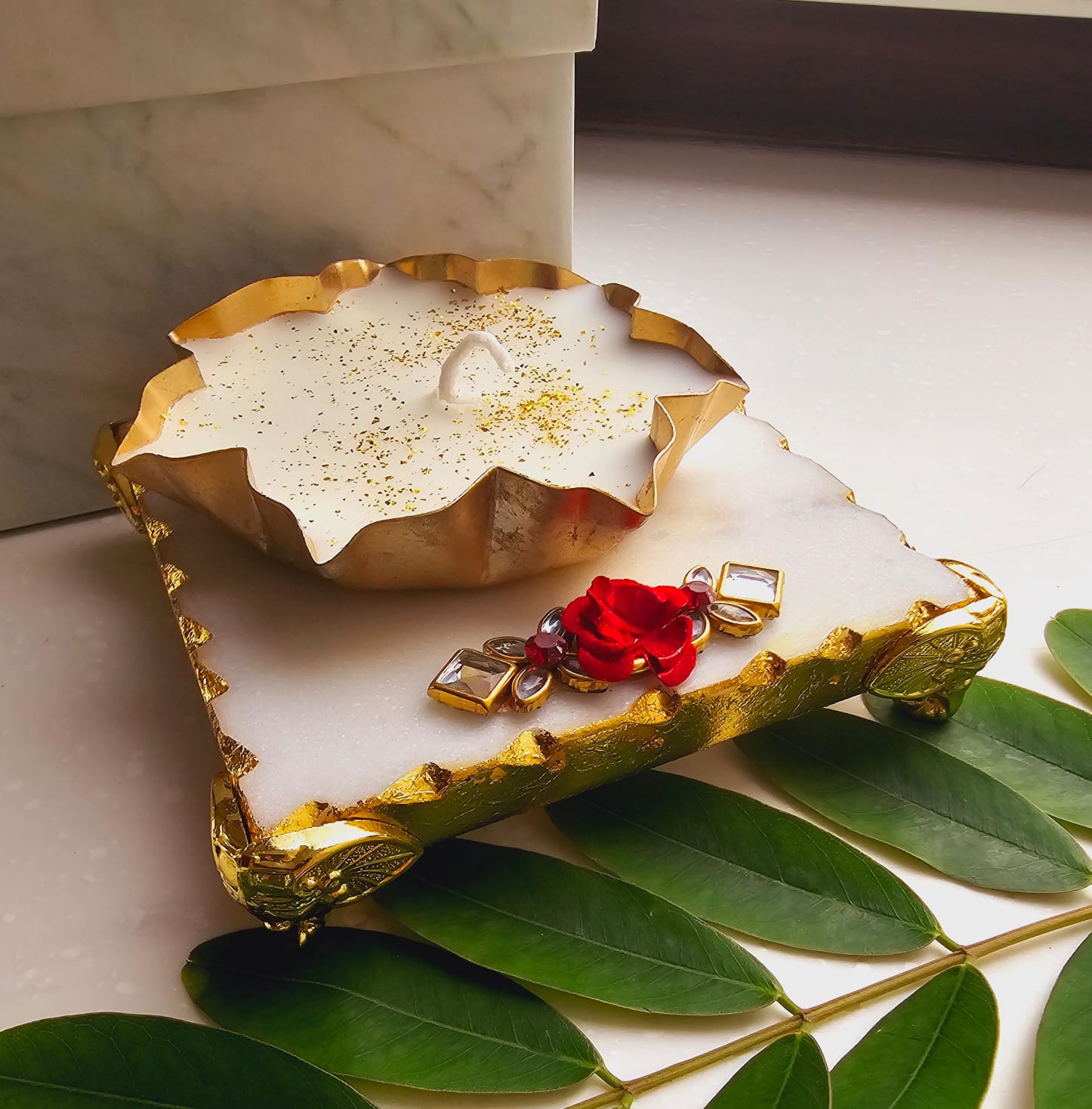 Marble Chowki × Metal Votive Candle - Image 5