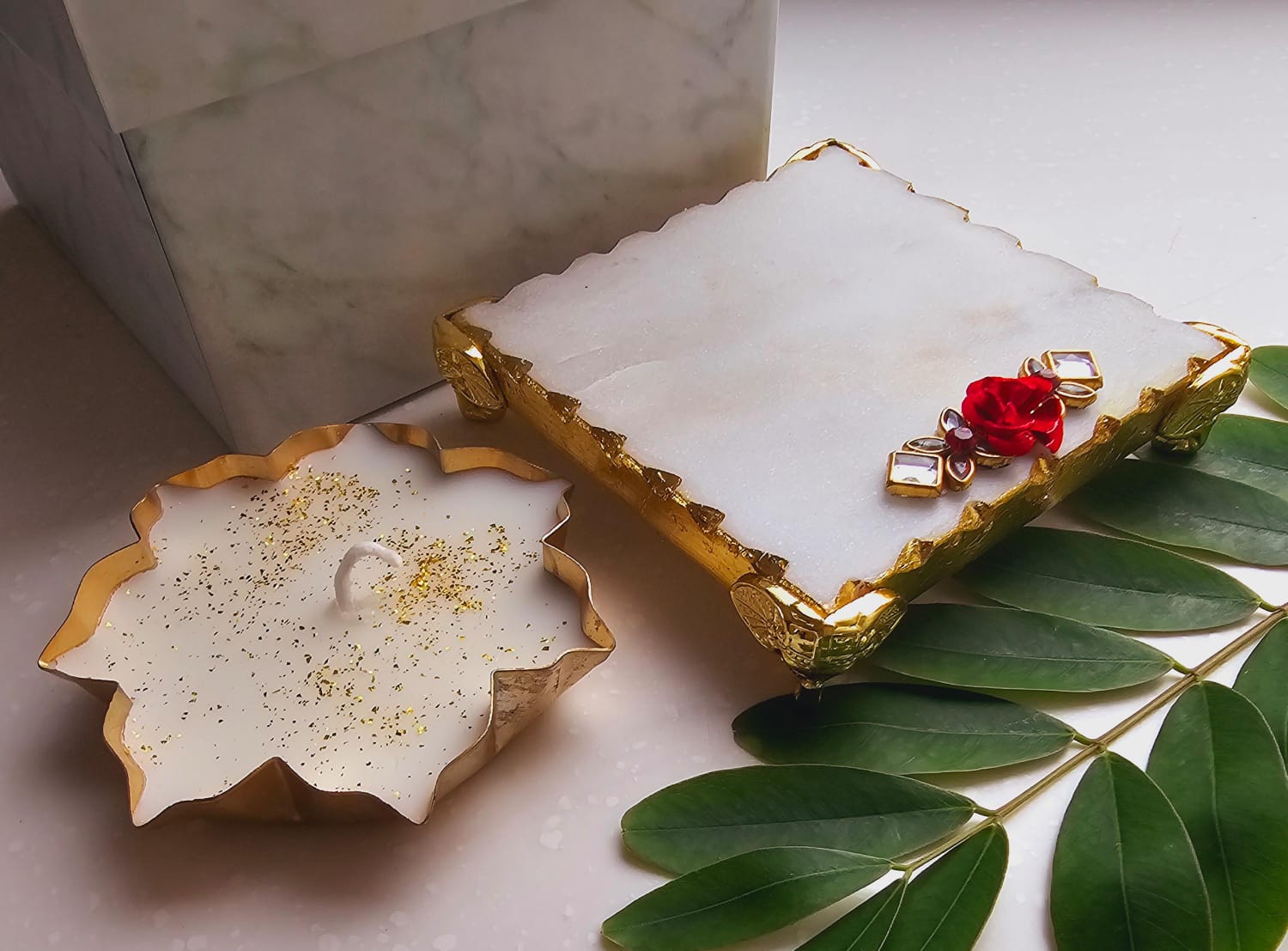 Marble Chowki × Metal Votive Candle - Image 4