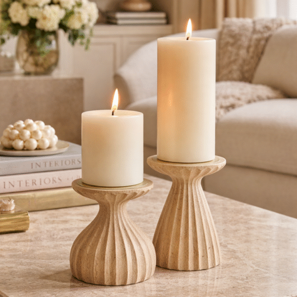 Fluted Sandstone Candle Holder Set