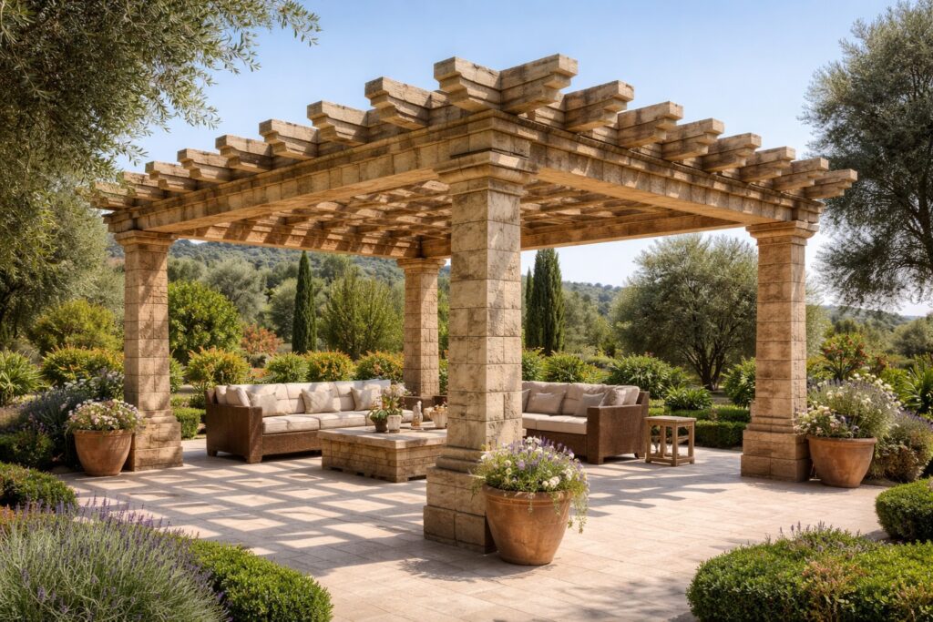 Layered Stone Beam Roof Pergolas Design