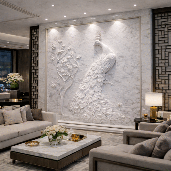 Royal Marble Peacock Wall Relief Panel