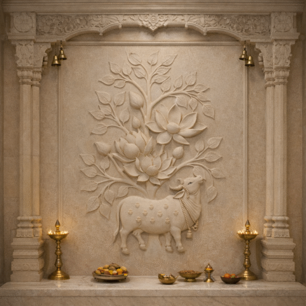 Sacred Lotus & Divine Cow Stone Wall Mural Panel